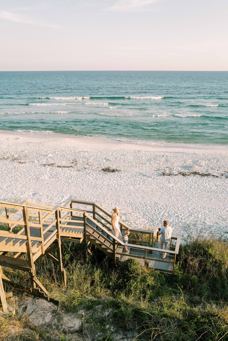 Photo from far away of family of four walking down wooden steps to the beach