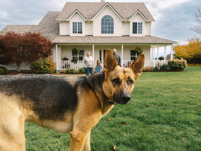 A dog pictured up close with family and house in the background, representing the artistry of candid photographer Heather. 