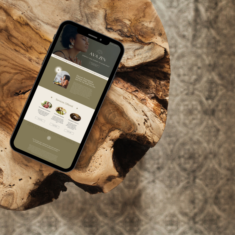 iPhone displaying Ava Zen wellness website on a rustic wooden table, showcasing holistic branding for wellness entrepreneurs.