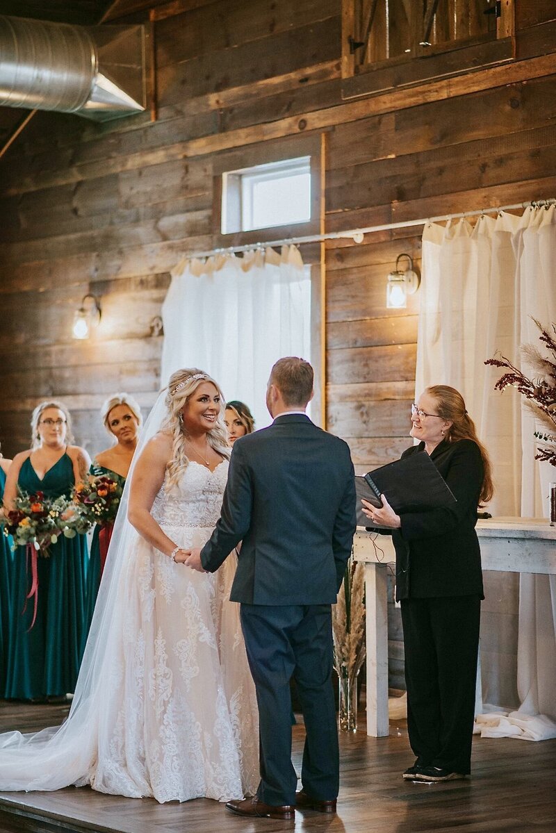 Wedding officiant leads bride and groom through their wedding vows