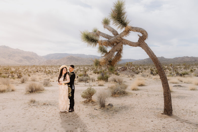 Joshua Tree Elopement with Asian Vietnamese couple during golden sunset wearing Ao Dai at Hidden Valley.