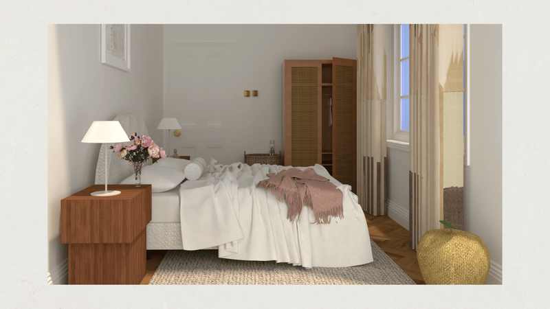 A photorealistic render of a children's bedroom, showcasing a thoughtfully designed space, blending comfort and style.