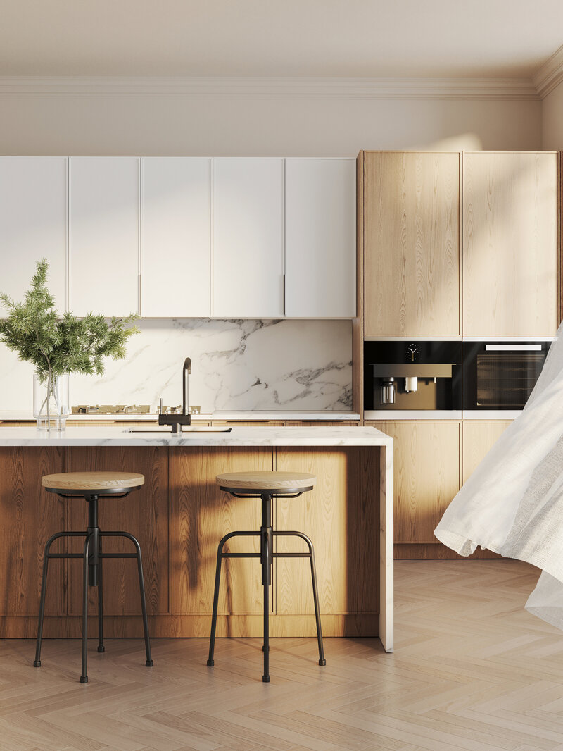 Kitchen remodel in Farmington Valley Connecticut with light wood flooring and cabinets and a marble countertop.