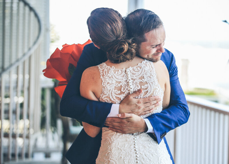 Light Shifter studios capture a bride and groom just after a first look near Fort Fisher, North Carolina