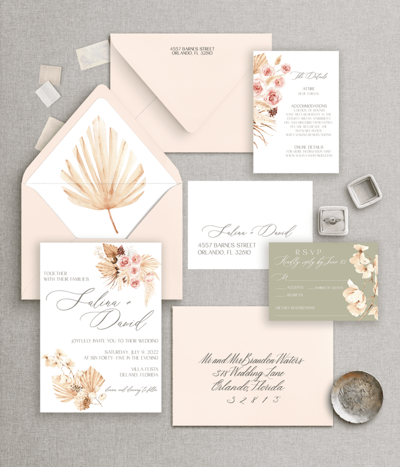 boho floral wedding invitation with blush elements