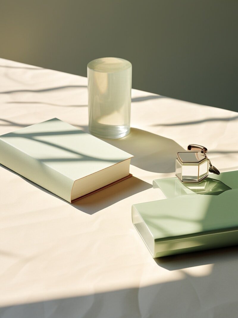 Minimal scene with two pale green books, a clear glass, and a perfume bottle on a sunlit table with soft shadows.