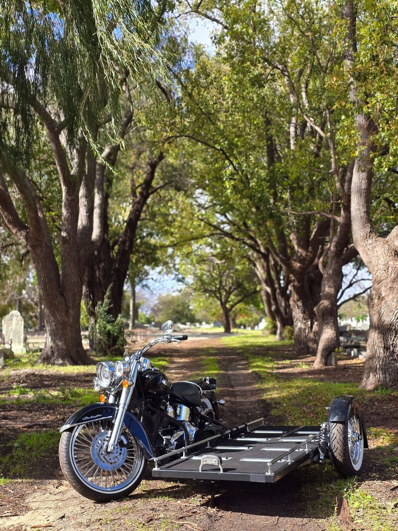 Harley Davidson motorcycle hearse in Western Australia, delivering a unique and respectful funeral service.