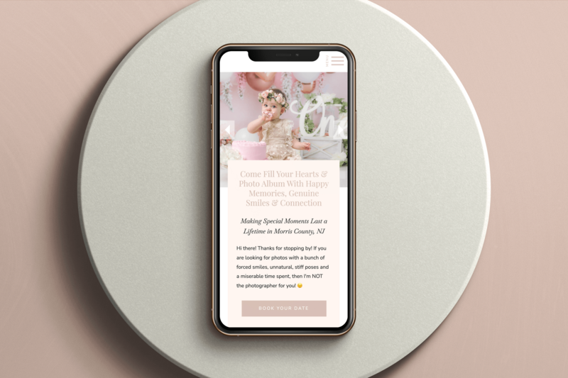 Mobile mockup of a photography website featuring soft blush tones, playful typography, and a bold call-to-action to book a session.