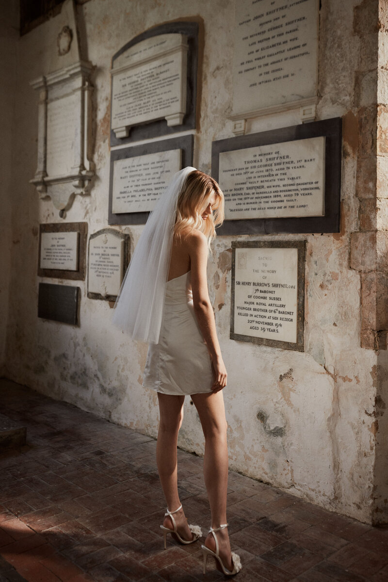 Mini silk corset bridal gown by British wedding dress designer