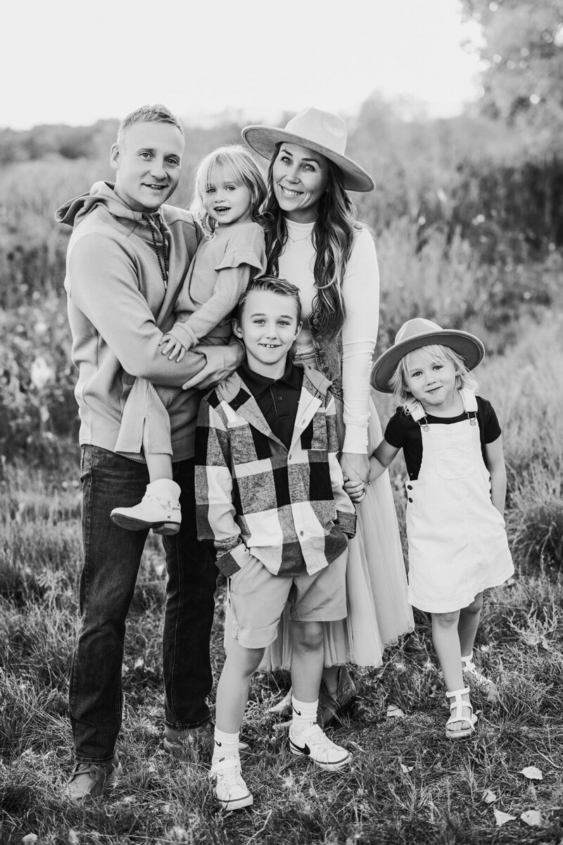 Black and white family photo in the Denver area
