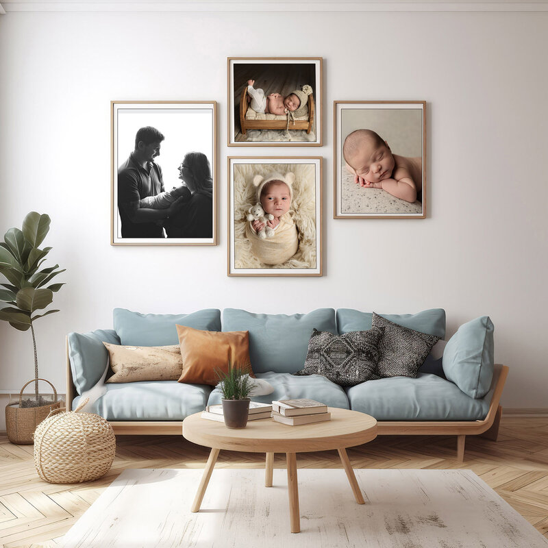 Framed fine art photography of newborn baby oin three images hangs on a nursery wall