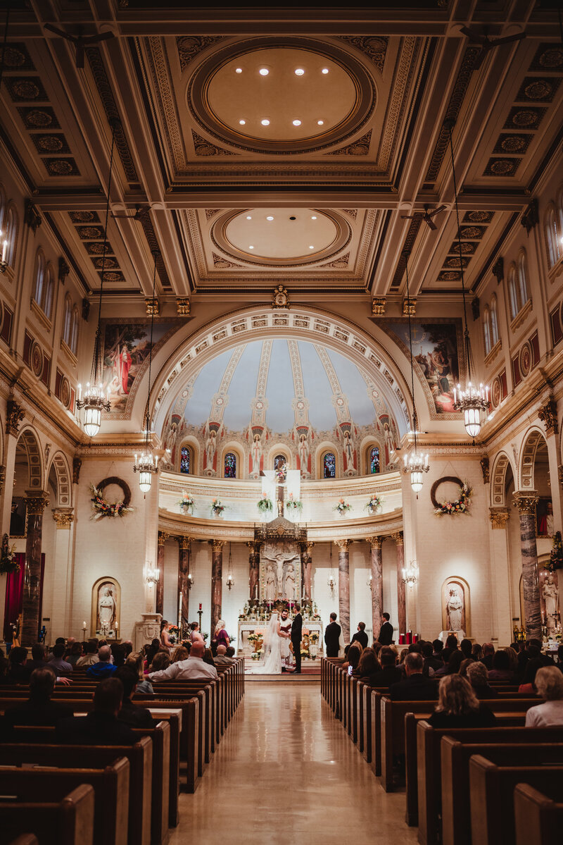 A wide angle shot of a stunning Catholic Cathedral in St. Paul Minnesota