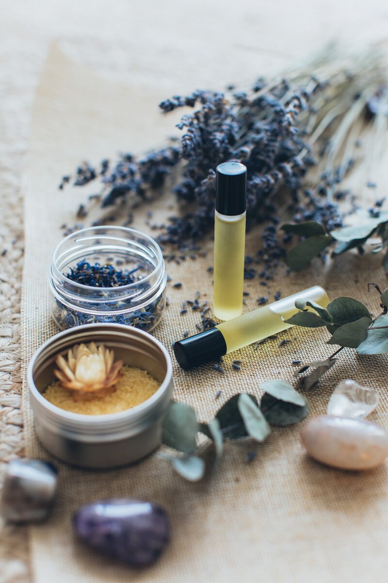 Lavender bits with oils and a facial scrub.