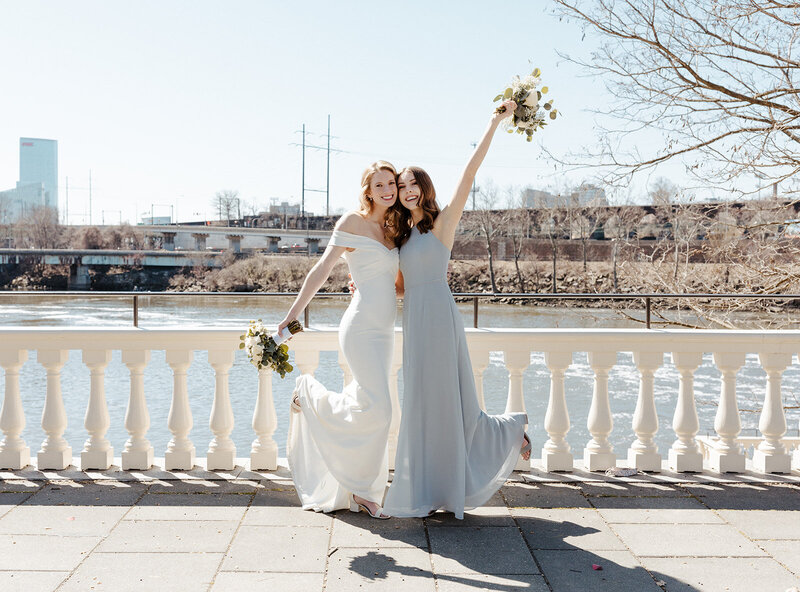 bride and bridesmaid at wedding at Water Works in Philadelphia