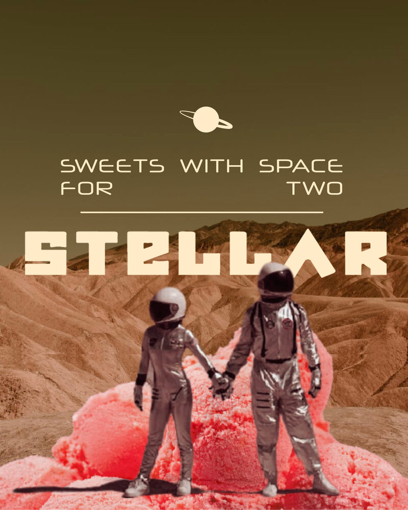 and astronaut couple on a desolate planet standing on bright pink ice cream in a surreal way with the logo for stellar desserts