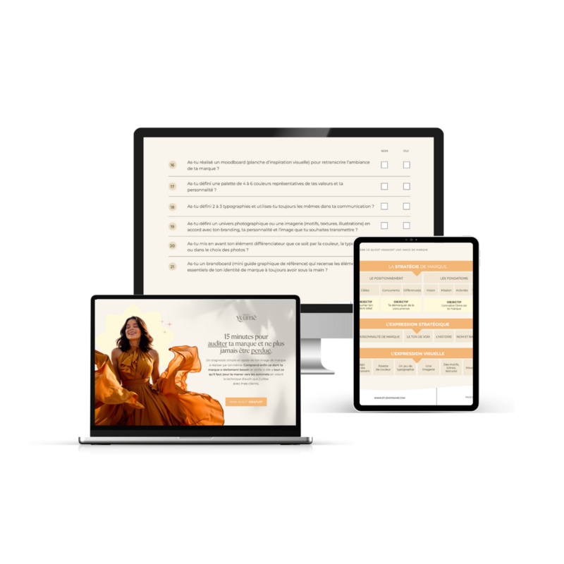 Ecrans d'ordinateur et tablette présentant les pages de l'ebook interactif Audit de marque express , proposé par le Studio, spécialiste en identité de marque en Vendée.