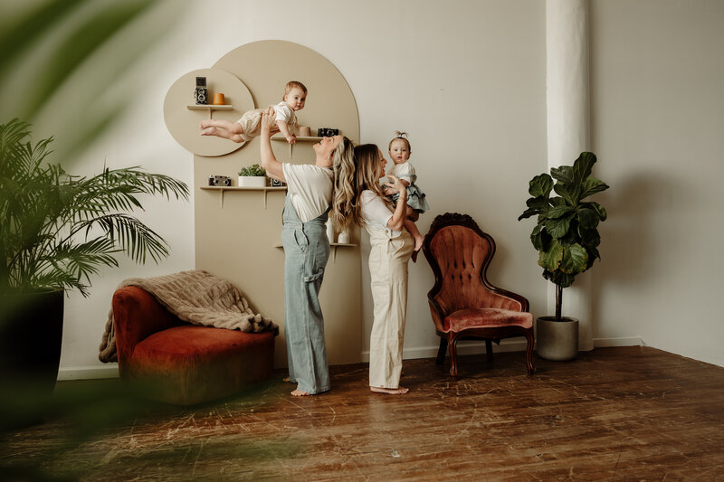 Moms playing with their twin daughters. Maternity photographers nj, New Jersey Family photographers