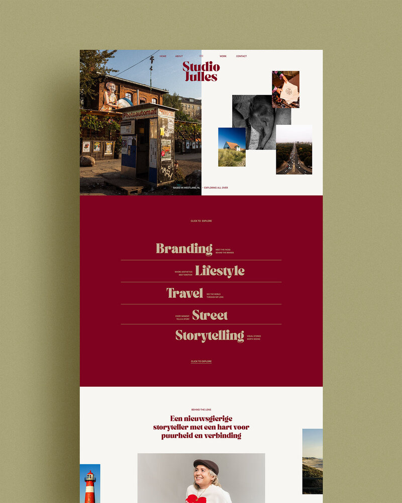 Website ontwerp voor Studio Julles met nadruk op branding, lifestyle, travel en visuele storytelling.