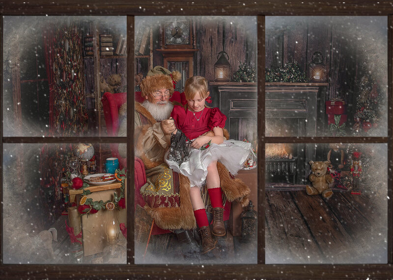 Close-up of Santa presenting his historic reindeer calling sleigh bells to a child during a whimsical Christmas portrait experience.

