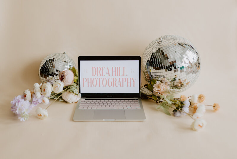 Creative branding photos featuring vibrant florals and disco balls