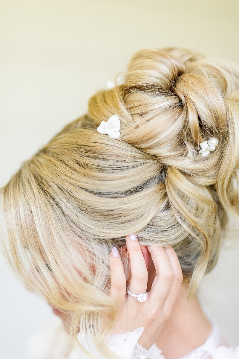 Bride's hairstyle at the Fairmount Grand Del Mar in San Diego, California.
