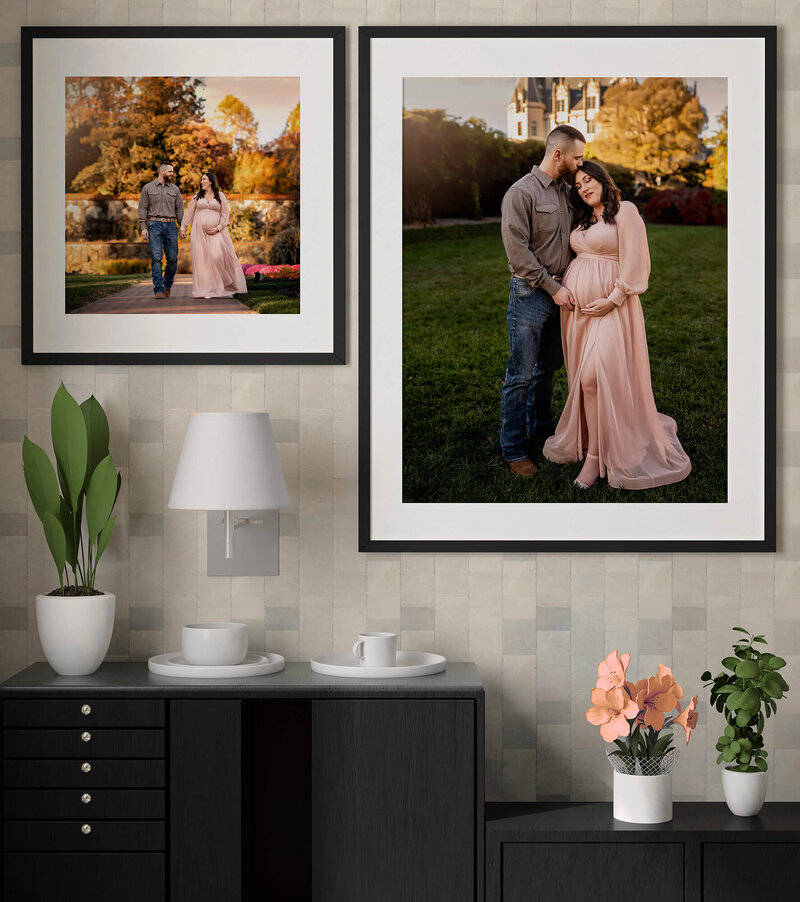 A beautiful gallery wall of images in a home displaying family maternity portraits