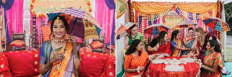 South asian bride is sitting with friends and family