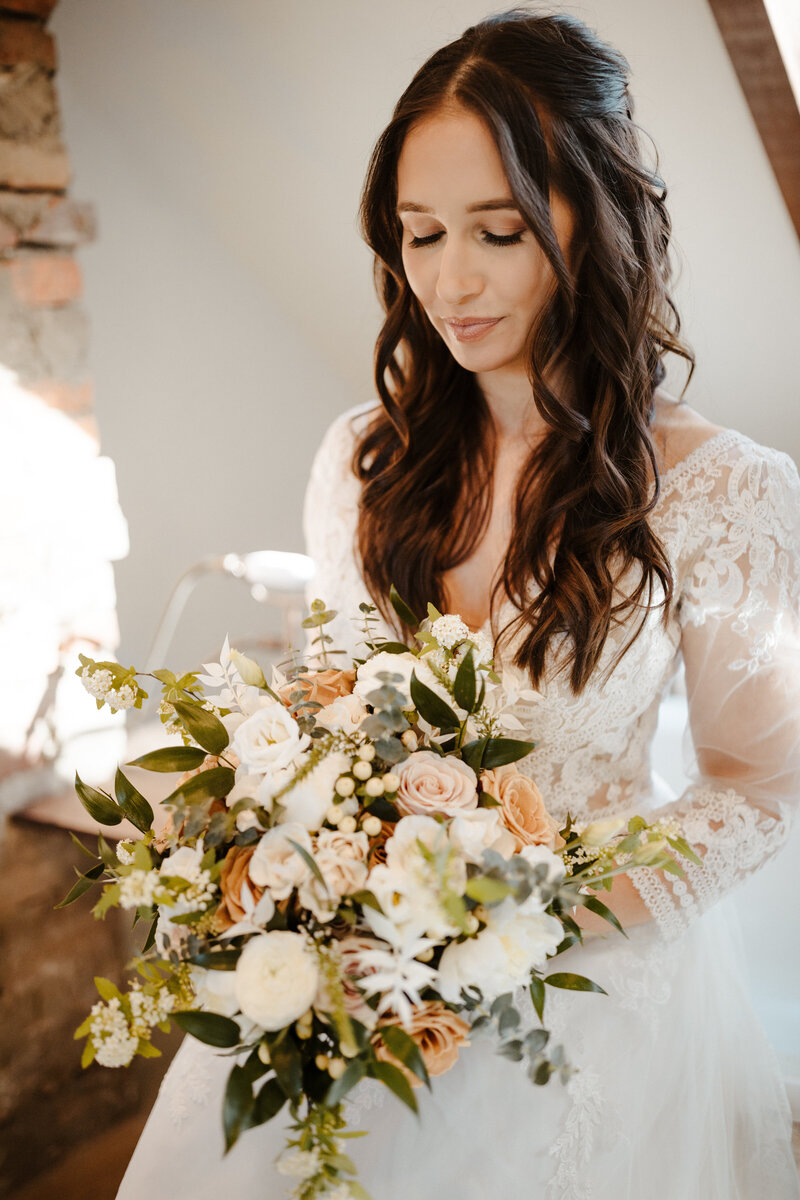 Bride and bouquet at elopement in Cannon Beach, Oregon
