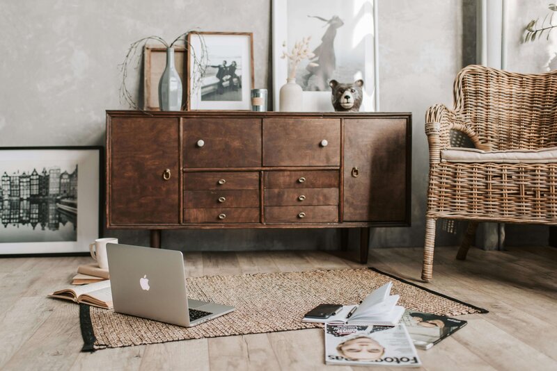 Classic organic interior design with vintage cabinet