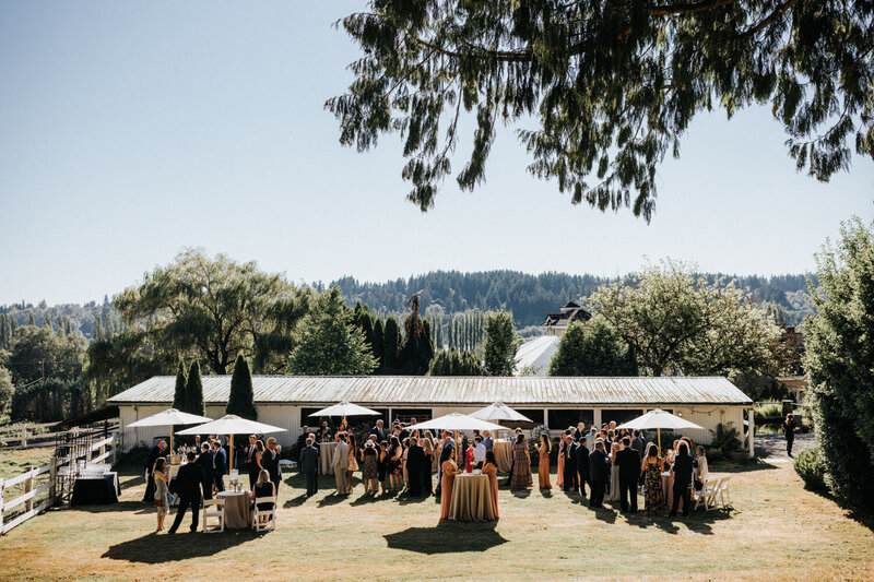 Guests enjoy an outdoor cocktail hour, complete with lawn games and a bar station