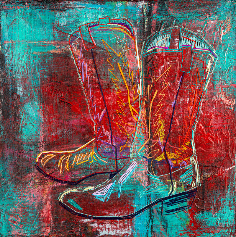 Christen-Horner-Art-Austin-Texas-OriginalPainting-2024-No-Space-Between-Boot-Scootin-20x20-Abstact-Colorful-CowboyBoots