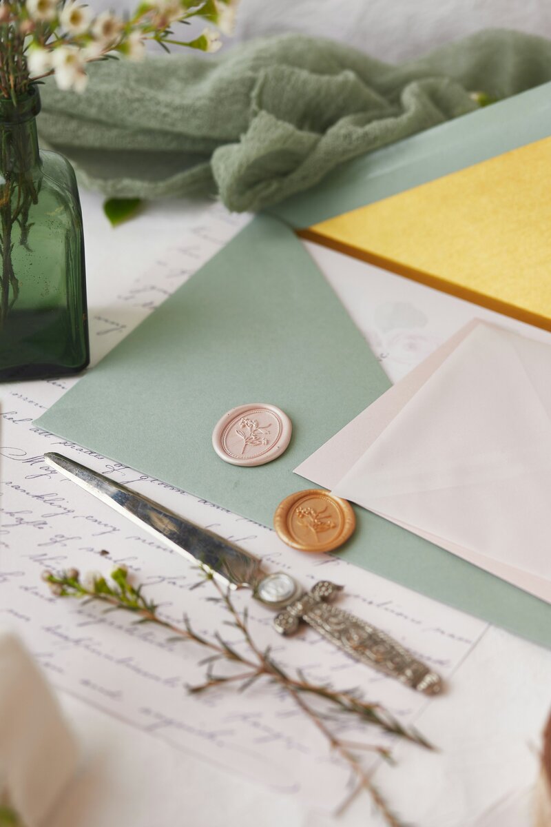 Floral wax seals with a letter opener, some greenery and flowers, and a green envelope.
