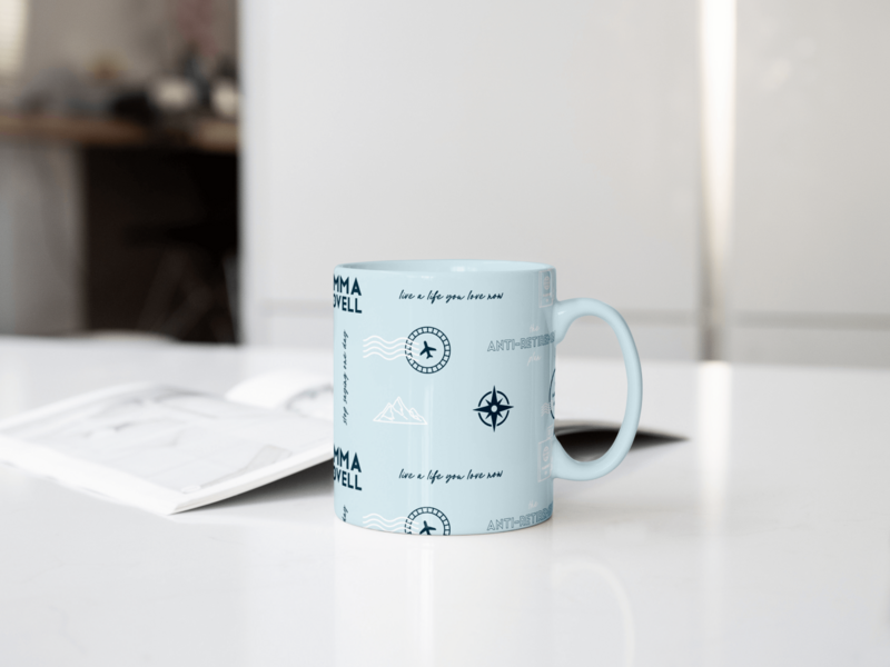 Emma Lovell Mug Mockup with Brand Pattern