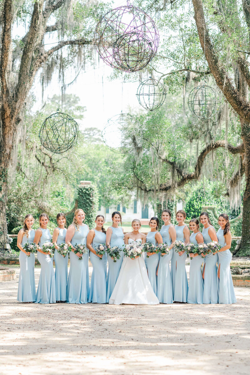 bride and bridal party posed for wedding portraits in birmingham alabama