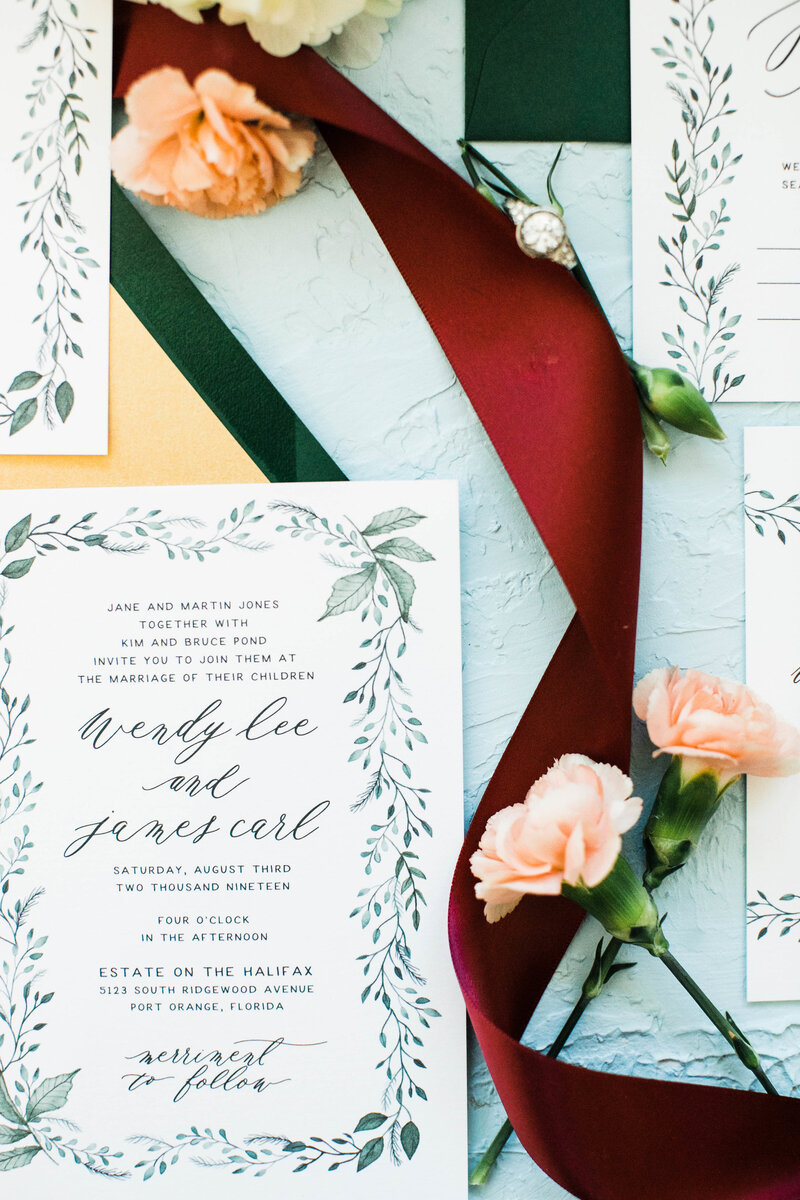 beautiful hand painted greenery inspired wedding invitations