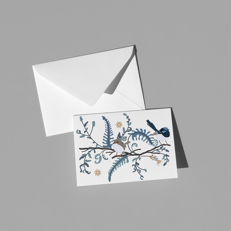 These A6 blank cards are perfect for sending a thoughtful note or simply keeping in your stationery drawer for special moments. Each card showcases a unique hand-drawn design - Australian blue wrens fairy wrens - by Green Acre Designs.