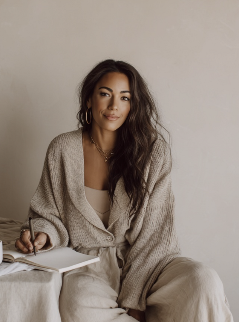 Portrait of a creative designer sitting with a notebook and coffee in a neutral studio, reflecting the calm and refined energy of Kathalyst Design Studio.