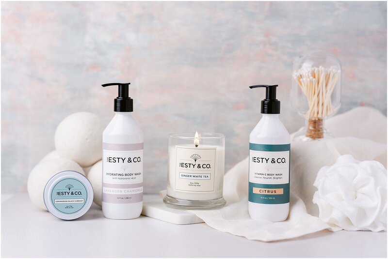 Spa products styled on pastel background