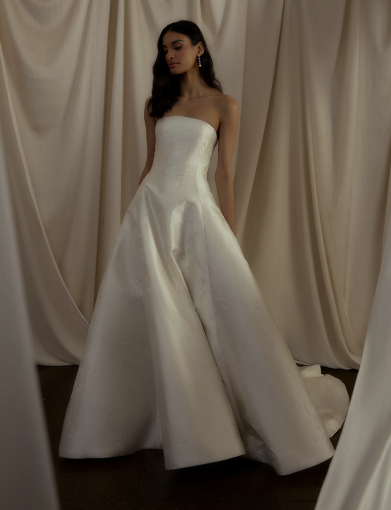 minimalist neckline and princess seams, strapless ball gown, floral embroidery
