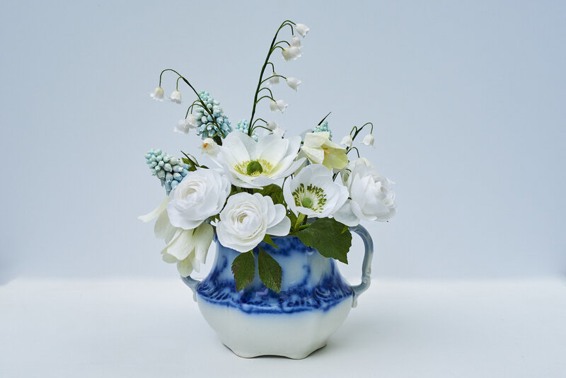 A classic blue and white arrangement in grandmillenial style