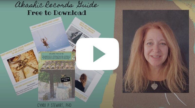 Video thumbnail featuring Cyndi Stewart, PhD, alongside promotional visuals for her free downloadable Akashic Records Guide with images of session tips and spiritual concepts.