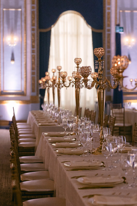 A beautifully set and decorated table in Windsor Ballrooms reception hall. Best Montreal Wedding Venue, Windsor Ballrooms.