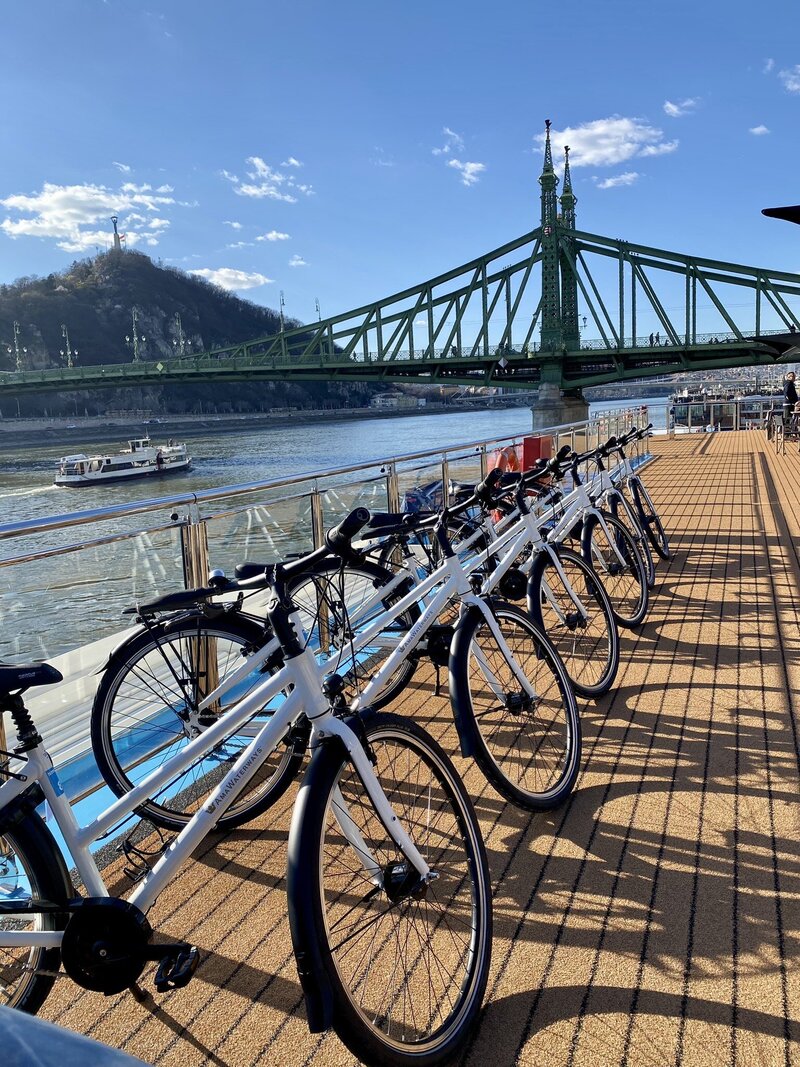 Row of bicycles ready for guests stationed on the top deck of the AmaWaterways river cruise ship docked in Budapest, Hungary
