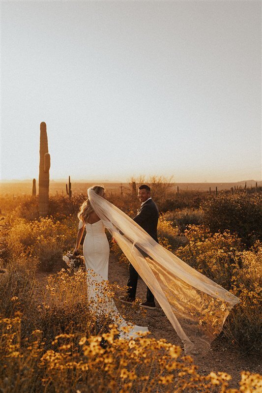 A wedded couple stand in a desert field at sunset during their backyard wedding in Tucson, Arizona.