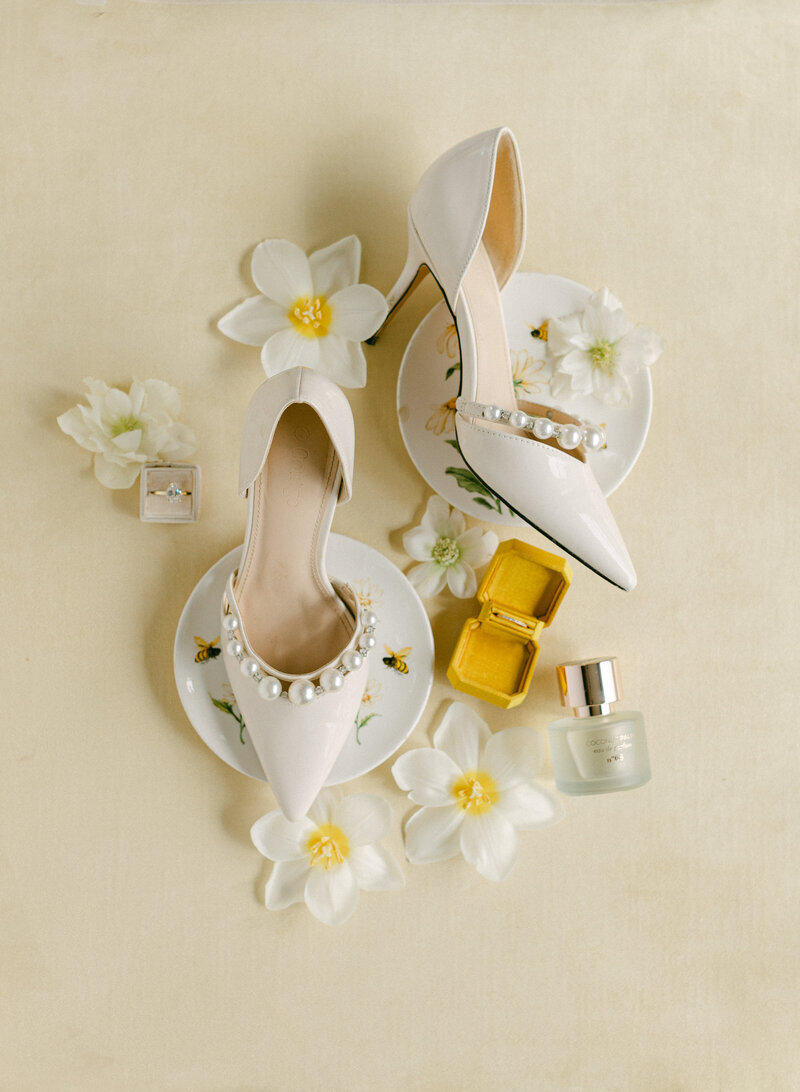 Yellow suede styling mat for cheerful wedding flat lays with pastel accents
