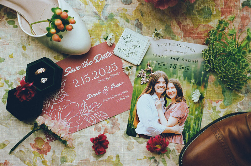 A flat lay captured on film for a couple getting married at The Arbory in Chicago