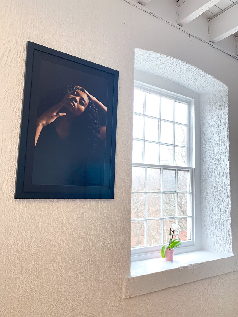 Framed portrait of a black woman and a plant on a window