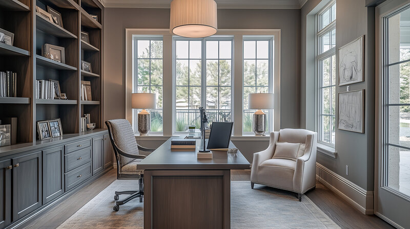 Home office in a transitional style with weathered stain finish and creams. Interior Designer Sugar Land. 