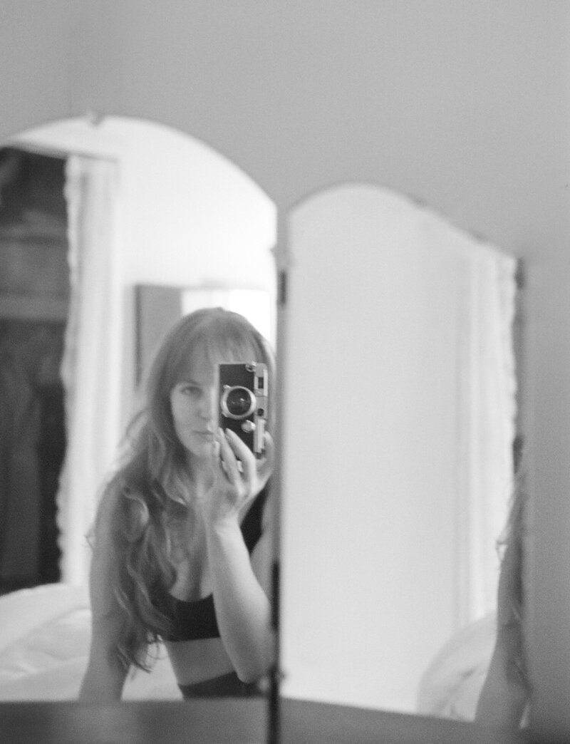 soft film mirror selfie, film brand photographer in Michigan