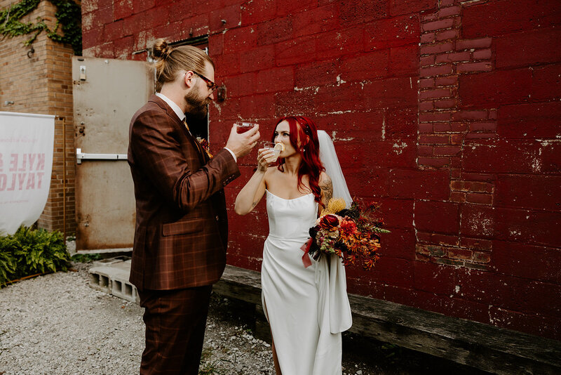 bride and groom walking through a